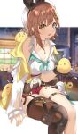  1girl atelier_(series) atelier_ryza azur_lane black_ribbon blurry blurry_background blush breasts brown_hair cleavage collarbone green_ribbon hair_ribbon heart highres jewelry key_necklace large_breasts leg_belt manjuu_(azur_lane) navel necklace open_mouth red_shorts reisalin_stout ribbon ryoutsu shirt shorts single_thighhigh thighhighs white_headwear white_shirt yellow_eyes 