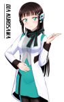  1girl absurdres bangs black_hair blush breasts character_name ckst commentary_request cosplay english_text green_eyes hair_ornament highres humagear_headphones is_(kamen_rider_01) is_(kamen_rider_01)_(cosplay) kamen_rider kamen_rider_01_(series) kurosawa_dia long_hair looking_at_viewer love_live! love_live!_sunshine!! mole mole_under_mouth pantyhose small_breasts smile solo upper_body white_background 