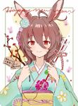  1girl agnes_tachyon_(umamusume) ahoge alternate_costume alternate_ears animal_ears arrow_(projectile) bangs branch brown_hair closed_mouth ema floral_print green_kimono hair_between_eyes hair_ornament hamaya hands_up happy_new_year holding holding_arrow holding_branch japanese_clothes kimono looking_at_viewer maitake_umai medium_hair obi rabbit_ears red_eyes sash smile solo umamusume upper_body 