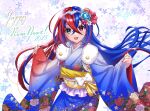  1girl alear_(fire_emblem) alear_(fire_emblem)_(female) alternate_costume bangs blue_eyes blue_hair blush crossed_bangs fire_emblem fire_emblem_engage heterochromia highres japanese_clothes kakiko210 kimono long_hair long_sleeves looking_at_viewer multicolored_hair new_year red_eyes red_hair smile solo two-tone_hair very_long_hair wide_sleeves 