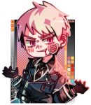  1boy axis_powers_hetalia bandages beaten belt blood blood_from_mouth chibi evil_grin evil_smile gloves grin maewenmitzuki male_focus military military_uniform prussia_(hetalia) prussian_flag purple_eyes red_eyes smile teeth uniform upper_teeth_only white_hair 