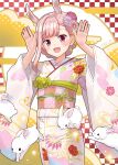  1girl :d animal_ears asa_no_ha_(pattern) asukaru_(magika_ru) bangs blunt_bangs blush bunny_pose checkered_background cowboy_shot dated dot_nose egasumi floral_print flower hair_bun hair_flower hair_ornament han&#039;eri hands_up highres japanese_clothes jewelry kanzashi kimono long_sleeves looking_at_viewer magia_record:_mahou_shoujo_madoka_magica_gaiden mahou_shoujo_madoka_magica multicolored_clothes multicolored_kimono obi obijime open_mouth pink_eyes pink_flower pink_hair pink_kimono pink_sash print_kimono rabbit rabbit_ears ring sash shippou_(pattern) signature single_hair_bun single_sidelock smile solo tamaki_iroha tamaki_iroha_(haregi_costume) white_rabbit_(animal) 