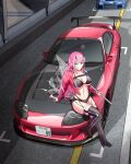  1girl bangs bikini black_bikini black_footwear boots breasts car checkered_flag cleavage darling_in_the_franxx day flag funkygarage green_eyes ground_vehicle highres holding holding_flag horns jacket large_breasts long_hair long_sleeves looking_at_viewer motor_vehicle open_clothes open_jacket outdoors pink_hair race_queen short_shorts shorts sitting smile solo spoiler_(automobile) sports_car swimsuit thigh_boots tongue tongue_out vehicle_request zero_two_(darling_in_the_franxx) 