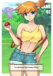  1girl :o bangs bare_shoulders blue_eyes border breasts cleavage collarbone commentary cowboy_shot day denim denim_shorts english_text hand_up holding holding_poke_ball large_breasts looking_at_viewer misty_(pokemon) navel open_clothes open_shorts orange_hair outdoors poke_ball poke_ball_(basic) pokemon pokemon_(anime) pokemon_(classic_anime) redjet shiny shiny_hair shirt short_hair shorts side_ponytail smile solo suspenders torn_clothes torn_shirt torn_shorts tree white_border 