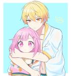  1boy 1girl bangs blonde_hair closed_mouth gradient_hair hair_between_eyes hair_ornament highres hug hug_from_behind jacket jewelry light_blush multicolored_hair multiple_hairpins navel necklace ootori_emu open_clothes open_jacket orange_eyes orange_hair pineapple_print pink_hair pnyo_emc project_sekai short_hair simple_background tenma_tsukasa upper_body 