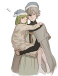  1boy 1girl absurdres bangs blue_eyes cloak closed_mouth coco_(tongari_boushi_no_atelier) dress glasses green_hair hair_over_one_eye hat highres holding long_sleeves looking_at_viewer male_focus open_mouth pajamas qifrey_(tongari_boushi_no_atelier) short_hair simple_background sitting sleeping sleeping_on_person socks tongari_boushi_no_atelier turtleneck white_background white_hair white_socks wonemie zzz 