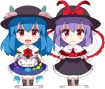  2girls black_skirt blue_hair blue_skirt bow brown_footwear capelet chibi commentary_request frilled_capelet frilled_shawl frilled_skirt frilled_sleeves frills happy hat hat_bow hat_ribbon hinanawi_tenshi long_hair long_sleeves lowres multiple_girls nagae_iku peach_hat_ornament purple_hair red_eyes ribbon ruu_(tksymkw) shawl shirt skirt smile touhou white_shirt 