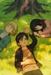  1girl 2boys aged_down armin_arlert black_hair blonde_hair brown_hair eren_yeager feathers grass green_eyes hair_between_eyes highres lying medium_hair mikasa_ackerman multiple_boys on_back on_side outdoors red_scarf rott_ur scarf shingeki_no_kyojin sleeping tree tree_shade 