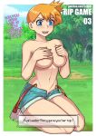  1girl :o bangs bare_shoulders blue_eyes blush border breast_hold breasts collarbone commentary covering covering_breasts day denim denim_shorts embarrassed english_text hand_up holding large_breasts linea_alba looking_down misty_(pokemon) navel open_clothes open_shorts orange_hair outdoors poke_ball pokemon pokemon_(anime) pokemon_(classic_anime) redjet shiny shiny_hair shirt short_hair shorts side_ponytail solo suspenders suspenders_hanging topless torn_clothes torn_shirt torn_shorts tree white_border 