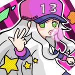  13-amp 1girl baseball_cap chewing_gum clenched_hand green_eyes halftone hat long_hair long_sleeves looking_at_viewer lowres patterned_background shirt skmkz10 solo t-shirt twitter_username warioware white_hair white_shirt 