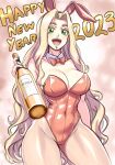  1girl 2023 :d abs alternate_costume animal_ears bare_shoulders blonde_hair bottle bow bowtie breasts chinese_zodiac cleavage collarbone detached_collar english_commentary fake_animal_ears fate/grand_order fate_(series) fingernails green_eyes green_nails happy_new_year highres holding holding_bottle leotard light_blush long_hair nail_polish playboy_bunny quetzalcoatl_(fate) rabbit_ears red_bow red_bowtie red_leotard sharp_fingernails sharp_teeth smile solo strapless strapless_leotard teeth tequila very_long_hair wavy_hair year_of_the_rabbit zantyarz 