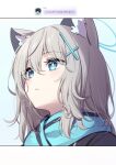  1girl animal_ear_fluff animal_ears bangs black_jacket blue_archive blue_eyes blue_scarf deadnooodles grey_hair hair_between_eyes hair_ornament halo highres jacket korean_text looking_away parted_lips scarf shiroko_(blue_archive) solo translation_request upper_body 