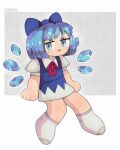  1girl artist_name bangs blue_bow blue_dress blue_eyes blue_hair blush bow bowtie cirno collared_shirt dress flat_chest full_body hair_bow ice ice_wings looking_at_viewer neiroval no_shoes open_mouth puffy_short_sleeves puffy_sleeves red_bow red_bowtie shirt short_dress short_hair short_sleeves socks solo touhou white_shirt wings 