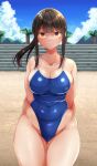  1girl arms_behind_back ass_visible_through_thighs bangs bare_arms bare_legs beach blue_one-piece_swimsuit blue_sky blush breasts brown_eyes brown_hair closed_mouth collarbone commentary_request covered_navel cowboy_shot day emaason highres long_hair looking_at_viewer medium_breasts one-piece_swimsuit original outdoors plump ponytail school_swimsuit sidelocks sky smile solo swimsuit thigh_gap thighs tree 
