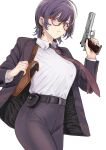  1girl bangs belt belt_pouch breasts brown_suit coat collared_shirt earrings formal glasses gun gun_case hair_between_eyes handgun highres holding holding_weapon holster jacket jewelry large_breasts looking_at_viewer m1911 necktie original parted_lips pouch purple_eyes red-framed_eyewear red_necktie shirt short_hair shoulder_holster simple_background slacks solo suit trigger_discipline tsurui weapon white_background white_shirt 