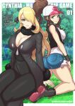  2girls armband ass baseball_cap black_dress black_vest blonde_hair blue_eyes breasts brown_eyes brown_hair cleavage cynthia_(pokemon) dress english_commentary english_text fur_trim hat hilda_(pokemon) large_breasts looking_at_viewer medium_breasts meme multiple_girls pocket poke_ball_print pokemon pokemon_(game) pokemon_bw pokemon_dppt ponytail redjet short_shorts shorts smile torn_clothes twitter_strip_game_(meme) vest 