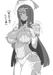 1girl absurdres akitokage arm_wrap armlet armor bandaged_arm bandages bangs bracelet breastplate breasts bridal_gauntlets circlet cleavage dark-skinned_female dark_skin facial_mark fate/grand_order fate_(series) forehead_jewel greyscale hat highres jewelry large_breasts long_hair looking_at_viewer monochrome parted_bangs pauldrons pelvic_curtain ring scheherazade_(fate) shoulder_armor solo thick_thighs thighlet thighs translation_request trembling 