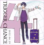  1boy bangs black_pants blue_eyes blue_hair commentary countdown dark_blue_hair dated eyewear_on_head full_body glasses grey_jacket hair_between_eyes hand_on_eyewear hito666_syou holding holding_magazine ichinose_tokiya jacket looking_to_the_side magazine_(object) male_focus official_alternate_costume open_mouth pants pointing purple_shirt rolling_suitcase shirt shoes short_hair sleeves_past_elbows sneakers solo song_name standing standing_on_one_leg suitcase swept_bangs symbol-only_commentary uta_no_prince-sama white_background white_footwear 