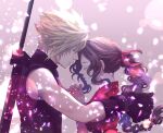  1boy 1girl aerith_gainsborough aqua_eyes armor arms_around_back bangs black_gloves blonde_hair braid braided_ponytail brown_hair buster_sword closed_eyes cloud_strife demi_co dress final_fantasy final_fantasy_vii final_fantasy_vii_remake gloves grey_background hair_between_eyes hair_ribbon half-closed_eyes highres jacket long_hair own_hands_clasped own_hands_together parted_bangs pink_dress pink_ribbon praying red_jacket ribbon short_hair short_sleeves shoulder_armor sidelocks single_bare_shoulder sleeveless sleeveless_turtleneck spiked_hair turtleneck upper_body weapon weapon_on_back 