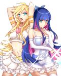  2girls absurdres arms_up bangs blonde_hair blue_eyes blue_hair breasts closed_mouth collarbone colored_inner_hair dress funkygarage highres long_hair looking_at_viewer medium_breasts multicolored_hair multiple_girls navel open_mouth panty_&amp;_stocking_with_garterbelt panty_(psg) purple_hair simple_background skirt smile standing stocking_(psg) stomach thighhighs tongue tongue_out white_background white_skirt white_thighhighs 