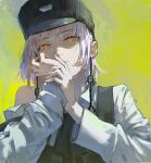  1girl black_headwear chainsaw_man closed_mouth collared_shirt commentary_request dino_(dinoartforame) earrings fami_(chainsaw_man) fourth_east_high_school_uniform gradient gradient_background hand_rest hat highres jewelry long_sleeves looking_at_viewer military_hat mole mole_under_eye mole_under_mouth multiple_moles off_shoulder orange_eyes peaked_cap ringed_eyes school_uniform shirt short_hair solo tassel tassel_earrings upper_body white_hair white_shirt yellow_background 