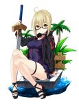  1girl ahoge artoria_pendragon_(fate) black_choker black_footwear black_jacket blonde_hair braid breasts choker covered_abs crown_braid excalibur_(fate/stay_night) fate/grand_order fate_(series) feet full_body glasses hair_between_eyes hotori_(sion) jacket legs looking_at_viewer mysterious_heroine_x_alter_(fate) palm_tree sandals sitting solo strappy_heels swimsuit thigh_strap thighs toeless_footwear toes tree yellow_eyes 