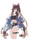  1girl absurdres black_shorts blue_jacket breasts brown_hair cable cleavage cqc_no_hashi_neko crop_top cutoffs electric_guitar flower-shaped_pupils genshin_impact grin guitar highres holding holding_instrument hu_tao_(genshin_impact) instrument jacket legs long_hair medium_breasts midriff navel off_shoulder red_eyes short_shorts shorts simple_background smile solo stomach symbol-shaped_pupils thigh_strap thighs twintails very_long_hair white_background zipper_pull_tab 