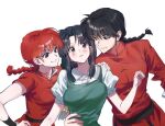  1boy 2girls black_hair bracer braid braided_ponytail breasts chinese_clothes commentary_request dual_persona fuurinkan_high_school_uniform hand_on_another&#039;s_hip hand_on_another&#039;s_shoulder korean_commentary long_hair long_sleeves multiple_girls ranma-chan ranma_1/2 red_hair red_shirt saotome_ranma school_uniform shirt short_sleeves smile tangzhuang tendou_akane upper_body white_background wow1211 