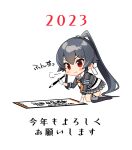  1girl armband belt black_hair blush chibi coat collared_shirt cropped_jacket dated gloves hair_between_eyes hair_over_shoulder hair_tie happy_new_year holding holding_brush ichinomiya_(blantte) ink_wash_painting kantai_collection long_hair miniskirt necktie open_clothes open_coat orange_necktie paint paintbrush ponytail red_eyes shirt single_thighhigh skirt smile thighhighs very_long_hair white_gloves white_shirt yahagi_(kancolle) yahagi_kai_ni_(kancolle) 