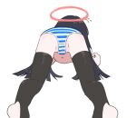  1girl ass black_hair black_thighhighs blue_archive halo justice_committee_club_member_(blue_archive) long_hair mafadoobu panties presenting simple_background striped striped_panties thighhighs underwear white_background 