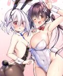  2girls ;d animal_ears armpits ass bare_legs bare_shoulders blue_bow blue_bowtie bow bowtie breasts brown_hair brown_pantyhose cleavage comic_cune commentary covered_navel detached_collar fake_animal_ears fake_tail flower gradient gradient_background hair_between_eyes hair_flower hair_ornament hand_up highres kurou_(quadruple_zero) large_breasts long_hair looking_at_viewer mole mole_on_breast multiple_girls ninose_shizuku one_eye_closed open_mouth pantyhose pink_background playboy_bunny rabbit_ears rabbit_tail red_bow red_bowtie shirakawa_kokona sideboob small_breasts smile sweat symbol-only_commentary tail thighs watashi_no_tame_ni_nuginasai! white_hair x_hair_ornament 