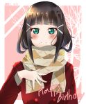  1girl absurdres bangs birthday black_hair blush commentary_request english_text hair_ornament happy_birthday highres kurosawa_dia long_hair love_live! love_live!_sunshine!! lowlight1010 mole mole_under_mouth new_year scarf sidelocks smile upper_body 