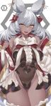  1girl animal_ears bangs bow breasts brown_leotard covered_navel dark-skinned_female dark_skin detached_sleeves frilled_thighhighs frills granblue_fantasy grey_hair hair_bow highleg highleg_leotard highres large_breasts leotard long_hair looking_at_viewer makura_(granblue_fantasy) open_mouth rabbit_ears rabbit_girl red_bow smile solo thighhighs thighs yaman yellow_eyes 