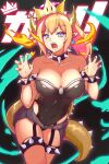  1girl absurdres armband bangs black_leotard blonde_hair blue_eyes bowsette bracelet breasts cleavage collar crown earrings fangs fire funkygarage garter_straps highres horns jewelry large_breasts leotard looking_at_viewer mario_(series) new_super_mario_bros._u_deluxe open_mouth paw_pose pointy_ears ponytail red_nails sharp_teeth solo spiked_bracelet spiked_collar spikes standing super_crown tail teeth 