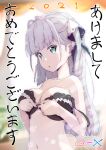  1girl 2021 akeome antenna_hair aqua_eyes artist_name bangs bare_shoulders blurry blurry_background bra breasts closed_mouth commentary_request depth_of_field dressing front-hook_bra frown grey_hair hair_ribbon happy_new_year highres long_hair looking_at_viewer medium_breasts mile_(noukin) morning navel new_year open_bra parted_lips q-x ribbon solo strap_slip sunlight translated two_side_up underwear underwear_only upper_body watashi_nouryoku_wa_heikinchi_de_tte_itta_yo_ne! 
