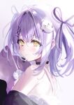  1girl bangs black_choker black_ribbon blush choker closed_mouth eyelashes ghost_hair_ornament hair_ornament highres long_hair looking_at_viewer off_shoulder purple_hair ribbon shia_job shinomiya_runa solo two_side_up vspo! x_hair_ornament yellow_eyes 