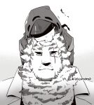  19_sukinamono 1boy 1other ambiguous_gender arknights doctor_(arknights) furry furry_male furry_with_non-furry greyscale hood hood_up hooded_jacket interspecies jacket looking_at_viewer monochrome mountain_(arknights) scar scar_across_eye scar_on_face tiger tiger_stripes 