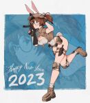  1girl 2023 animal_ears baseball_cap boots breasts brown_hair chinese_zodiac cleavage fio_germi glasses gun h&amp;k_mp5 happy_new_year hat highres large_breasts long_hair metal_slug persocon93 playboy_bunny ponytail rabbit_ears round_eyewear solo submachine_gun vest weapon year_of_the_rabbit 