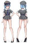  1girl absurdres adapted_costume ass back black_footwear blue_eyes blue_hair blush crotch_cutout female_pubic_hair grin hand_on_hip hat heart heart-shaped_pupils high_heels highres hime_apple hololive hoshimachi_suisei interlocked_mars_and_venus_symbols looking_at_viewer mars_symbol microskirt multiple_views pubic_hair pussy_juice side_ponytail sketch skirt smile symbol-shaped_pupils twitter_username venus_symbol virtual_youtuber 