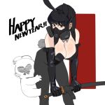  1girl animal_ears black_eyes black_gloves black_hair black_pantyhose breasts chinese_zodiac cleavage detached_collar elbow_gloves english_text gloves happy_new_year holding holding_sword holding_weapon hong_doo katana large_breasts leaning_forward looking_at_viewer mask new_year original pantyhose playboy_bunny rabbit_ears rabbit_tail respirator short_hair solo standing sword tail weapon white_background year_of_the_rabbit 