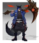  1boy absurdres aduan animal_ears baggy_pants belt bishounen black_hair black_pants blue_jacket boots eyepatch full_body grey_background grin hair_between_eyes highres holding holding_scythe jacket kayn_(league_of_legends) league_of_legends looking_at_viewer medical_eyepatch multicolored_hair open_clothes open_jacket oversized_clothes pants popped_collar rhaast scythe shadow short_hair smile solo standing tail v-shaped_eyebrows weapon yellow_eyes 