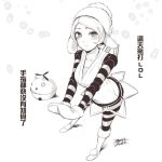  1girl blush chinese_text closed_mouth dated dress ejami full_body greyscale hat league_of_legends looking_at_viewer mittens monochrome orianna_(league_of_legends) pantyhose short_hair signature simple_background skirt snow solo striped white_background winter_wonder_orianna 