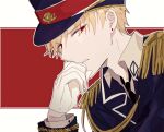  1boy bangs blonde_hair collar collared_shirt earrings fate/grand_order fate_(series) gilgamesh_(fate) gloves hand_on_own_face hat hat_ornament highres jewelry long_sleeves male_focus necktie open_mouth red_eyes shirt short_hair shu_(oshigoto_boshuuchuu) simple_background single_earring solo stud_earrings white_gloves 