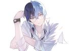  1boy aoyagi_touya aqua_hair bangs blue_hair collared_shirt dark_blue_hair glasses grey_eyes hair_between_eyes highres long_sleeves male_focus mona0101 multicolored_hair open_mouth partially_unbuttoned project_sekai shirt short_hair sleeves_rolled_up solo upper_body watch white_background white_shirt 
