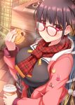  1girl alternate_costume backpack bag bakery braid breasts brown_hair cup disposable_cup eating fate/grand_order fate_(series) food glasses ikue_fuuji jacket large_breasts long_hair osakabe-hime_(fate) pink_eyes pink_jacket sailor_collar scarf shop 