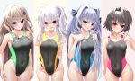  4girls 9-nine- :3 absurdres ahoge aqua_eyes aqua_hair bare_arms bare_shoulders black_hair black_one-piece_swimsuit blue_eyes blue_hair braid breasts brown_hair cameltoe cleavage collarbone competition_swimsuit covered_navel cowboy_shot embarrassed fingernails grey_hair groin hair_intakes hair_ribbon highleg highleg_swimsuit highres holding holding_hair kousaka_haruka kujou_miyako large_breasts light_brown_hair long_hair looking_at_viewer medium_breasts multicolored_clothes multicolored_swimsuit multiple_girls navel ncontrail_(mgax7527) niimi_sora one-piece_swimsuit purple_eyes red_eyes ribbon short_hair side_ponytail simple_background single_braid skindentation small_breasts standing swimsuit thighs two_side_up v v-shaped_eyebrows wavy_hair wet wet_clothes wet_swimsuit white_background white_hair yuuki_noa 