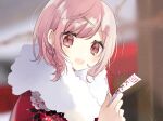  1girl :d bangs blurry blurry_background blush braid commentary_request depth_of_field fur_collar hachimitsu_honey hair_ornament hairclip hands_up holding japanese_clothes kimono looking_at_viewer omikuji original pink_hair red_eyes red_kimono smile solo upper_body 