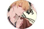  1boy bangs blonde_hair brown_coat circle coat collar collared_shirt earrings fate/grand_order fate_(series) finger_to_mouth gilgamesh_(fate) hair_between_eyes highres jewelry leaf looking_at_viewer male_focus necklace red_eyes shirt short_hair shu_(oshigoto_boshuuchuu) shushing simple_background single_earring solo stud_earrings white_shirt 
