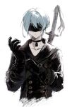  1boy adjusting_clothes adjusting_gloves black_blindfold black_choker black_gloves blindfold choker closed_mouth commentary_request gloves highres male_focus nier_(series) nier_automata short_hair simple_background solo sword upper_body weapon white_background white_hair yng_z yorha_no._9_type_s 