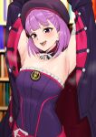  1girl absurdres armpits arms_up bangs bare_shoulders beret black_dress breasts commission cowboy_shot detached_collar dress dripping fate/grand_order fate_(series) flat_chest hat helena_blavatsky_(fate) highres jacket kirinkirin looking_at_viewer non-web_source purple_eyes purple_hair short_hair small_breasts smile solo source_request steaming_body strapless sweat 